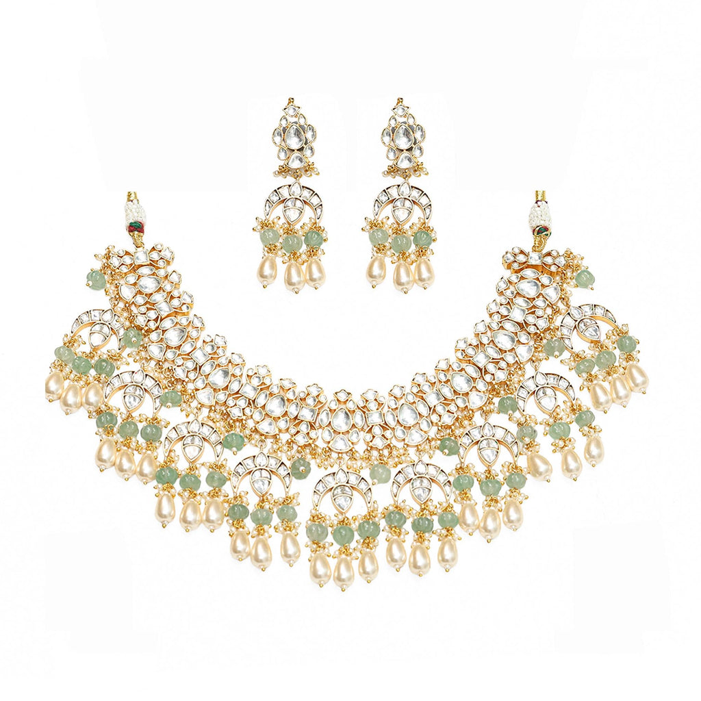 Pastel Mint Green Kundan Bridal Choker Set | Pearls, Chaand Motif Wedding Necklace Earrings