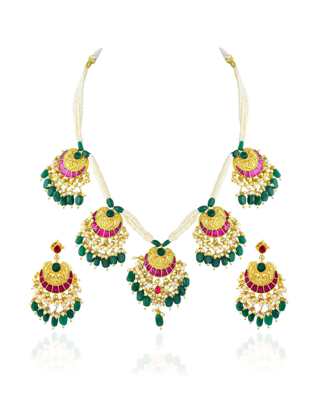 Multicolor Kundan Necklace Set, Green Beads Pearls, Indian Bridal Jewelry, Earrings Maang Tikka
