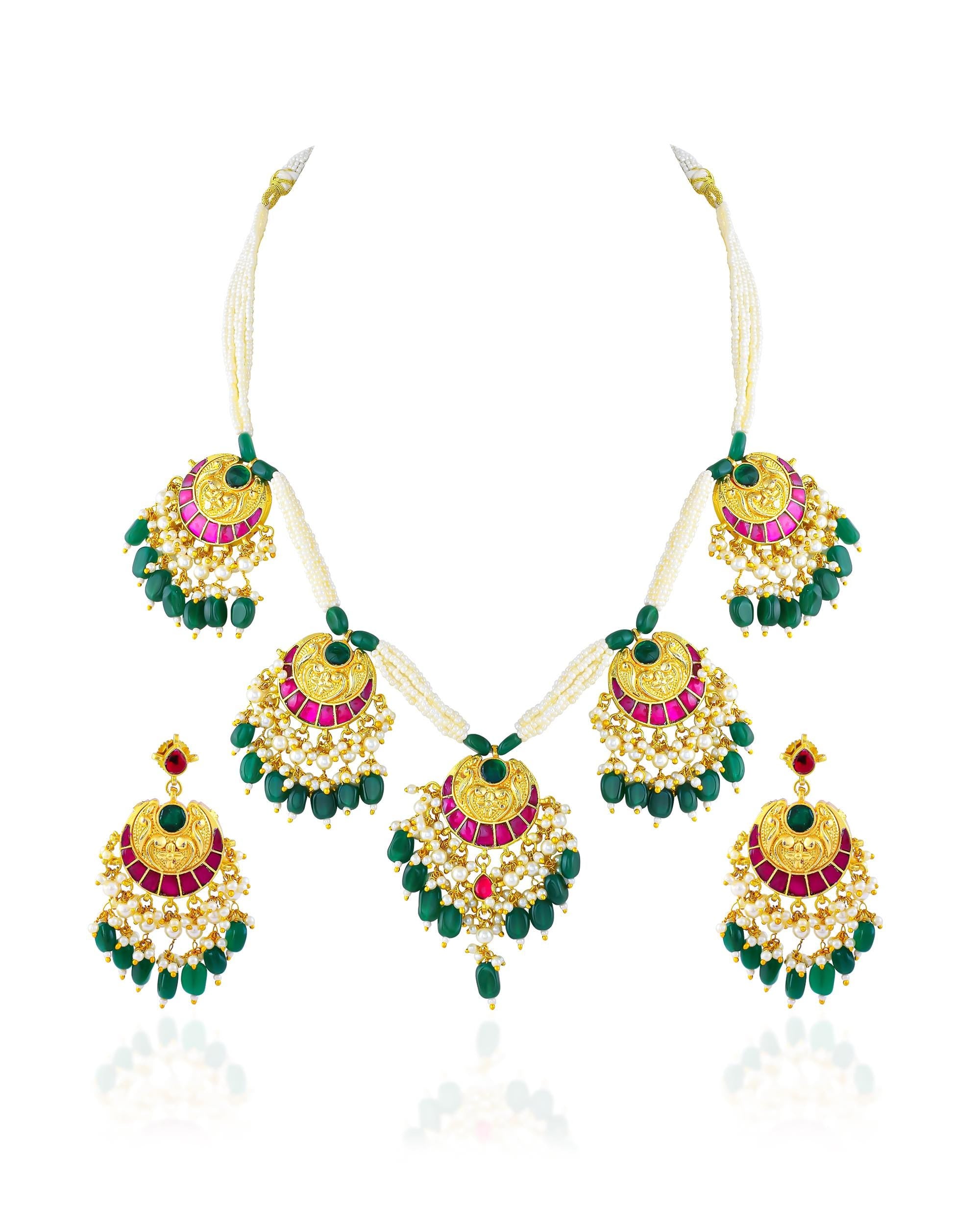 Multicolor Kundan Necklace Set, Green Beads Pearls, Indian Bridal Jewelry, Earrings Maang Tikka