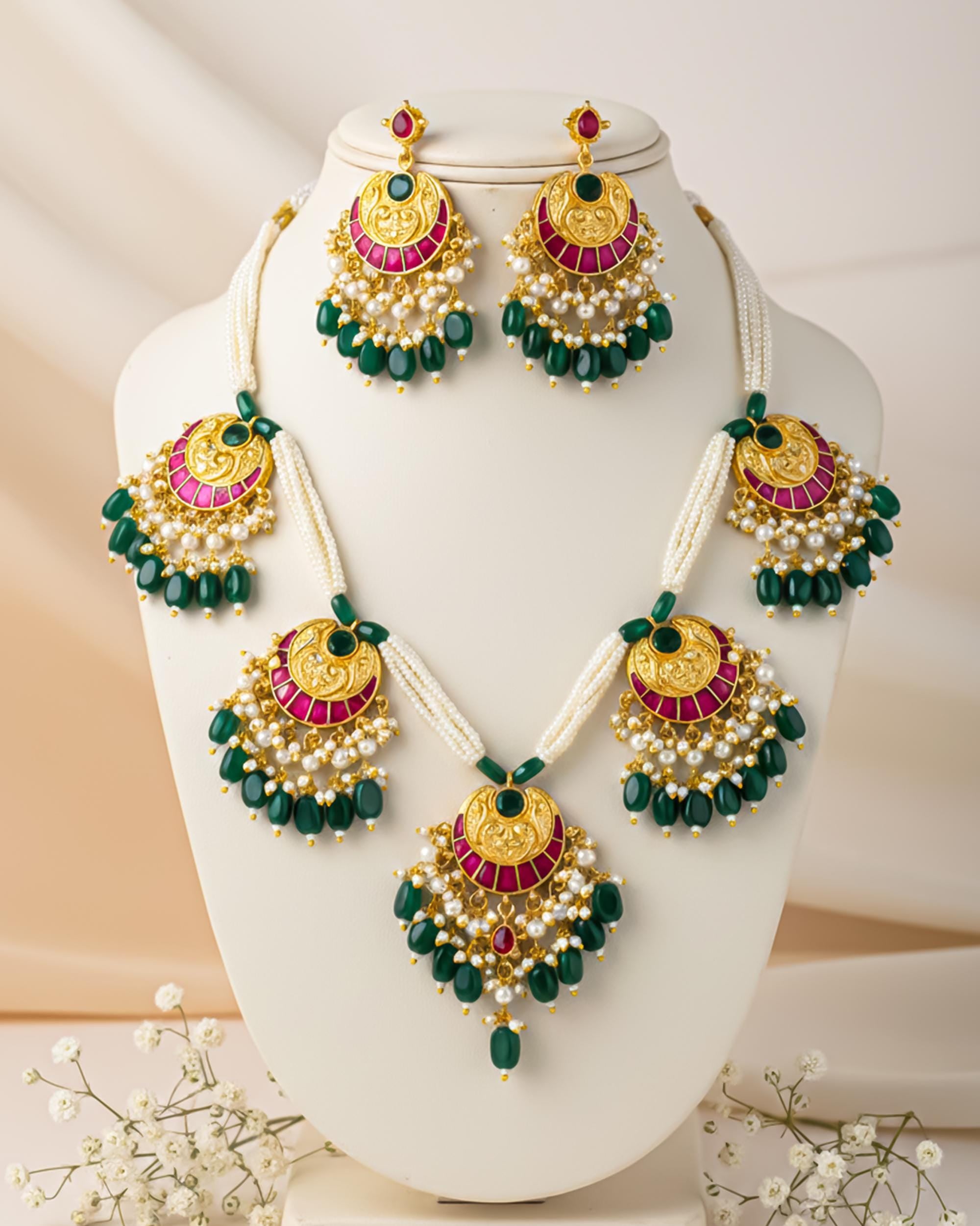 Multicolor Kundan Necklace Set, Green Beads Pearls, Indian Bridal Jewelry, Earrings Maang Tikka