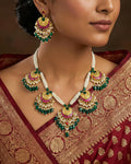 Multicolor Kundan Necklace Set, Green Beads Pearls, Indian Bridal Jewelry, Earrings Maang Tikka