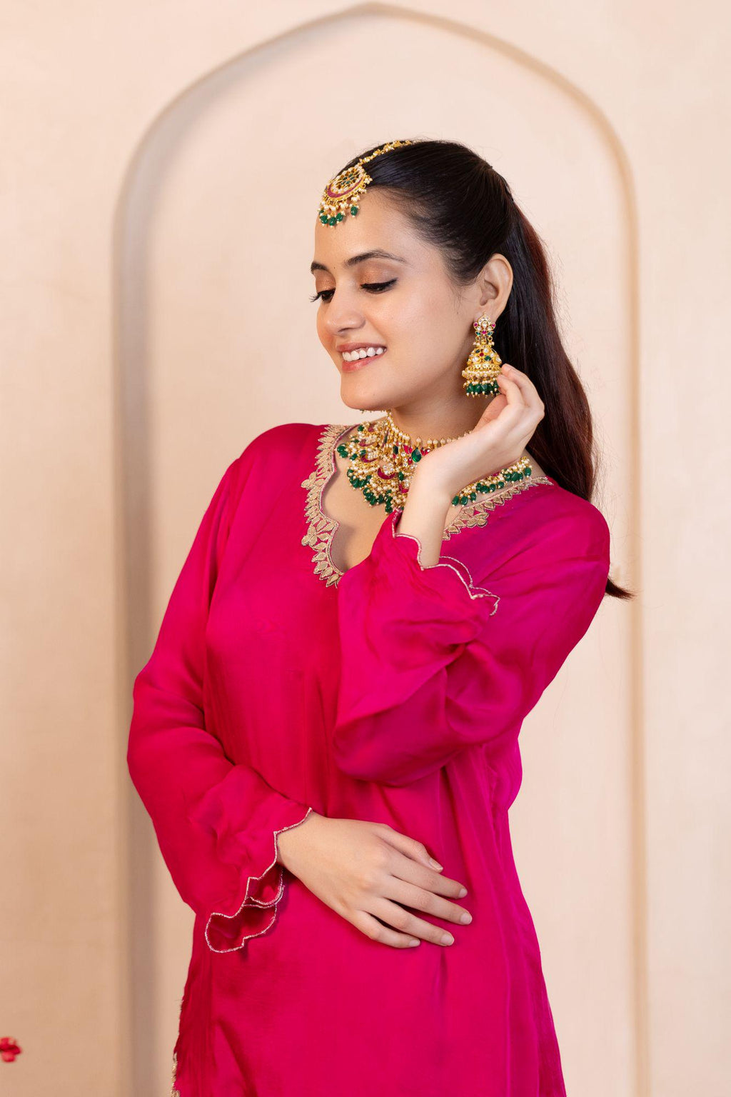 Royal Kundan Bridal Choker Set, Emerald Green Pink Meenakari Jhumka Earrings Maang Tikka