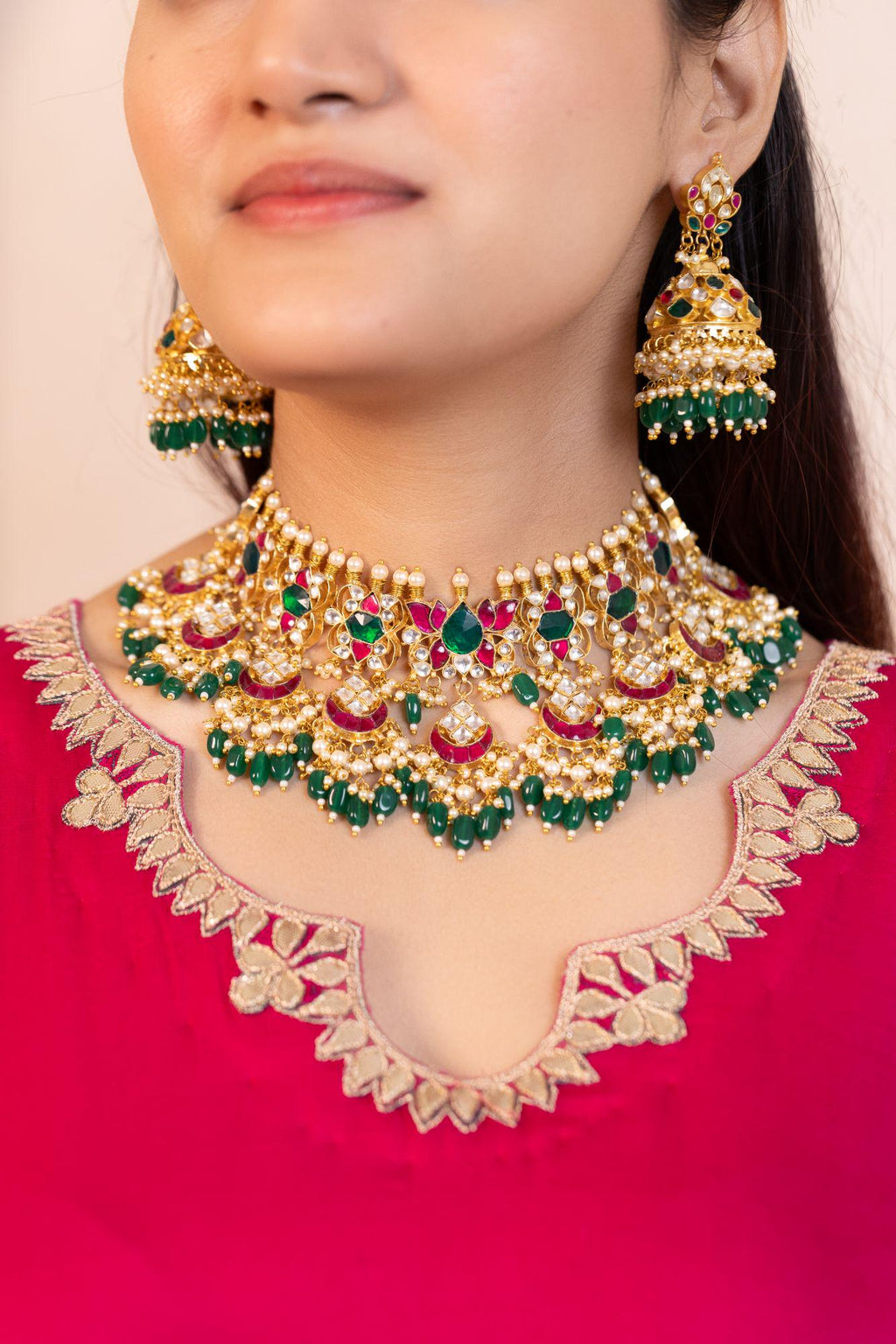 Royal Kundan Bridal Choker Set, Emerald Green Pink Meenakari Jhumka Earrings Maang Tikka