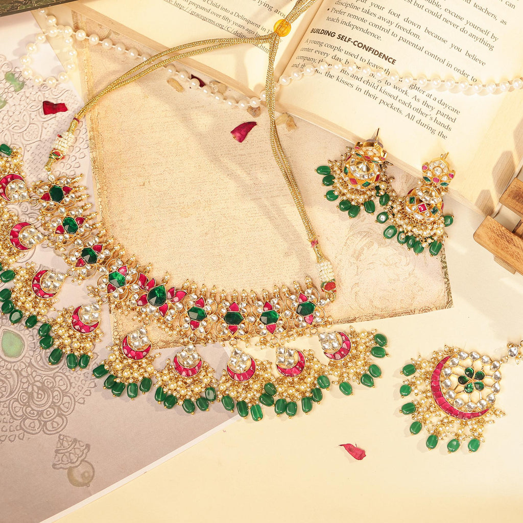 Royal Kundan Bridal Choker Set, Emerald Green Pink Meenakari Jhumka Earrings Maang Tikka