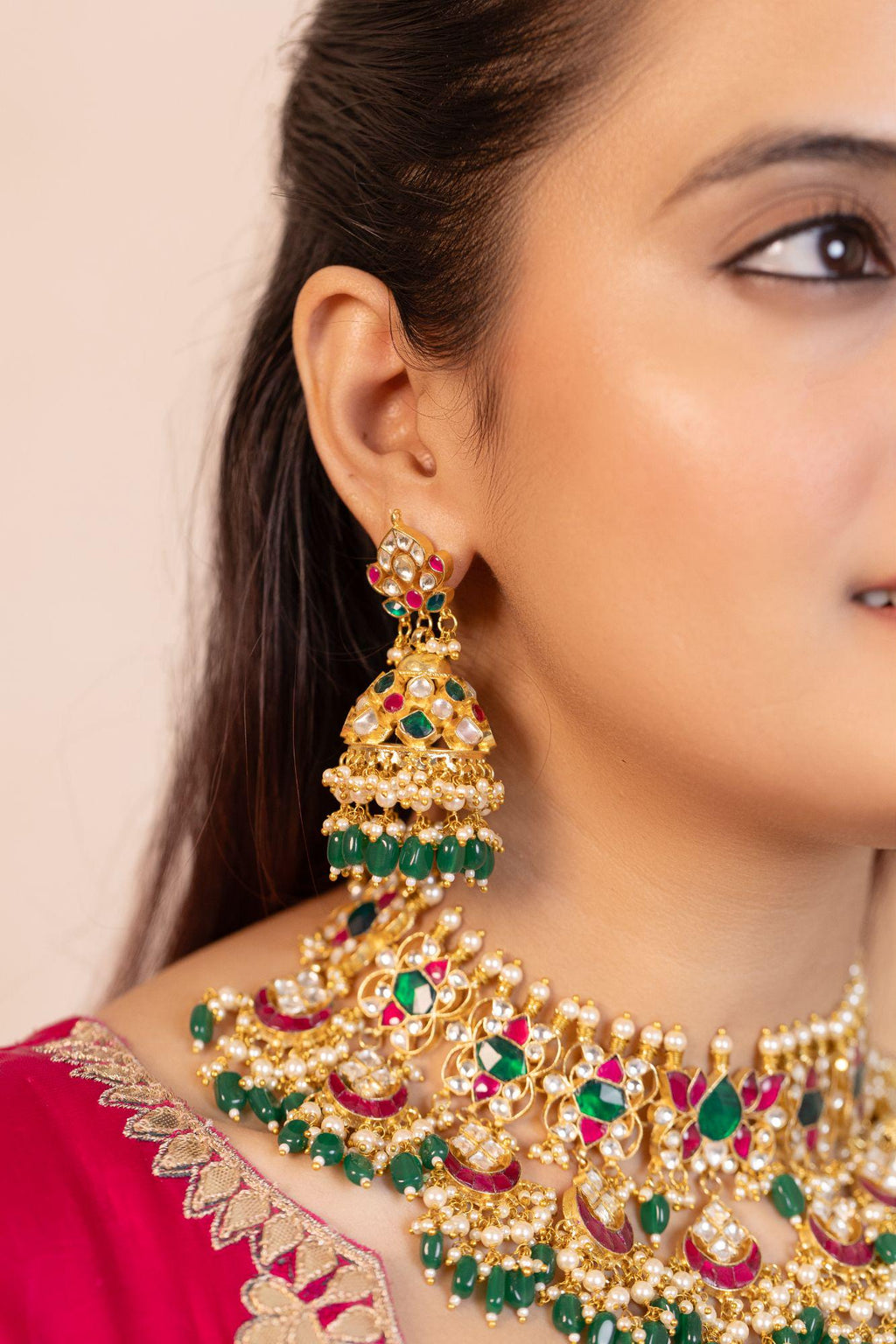 Royal Kundan Bridal Choker Set, Emerald Green Pink Meenakari Jhumka Earrings Maang Tikka
