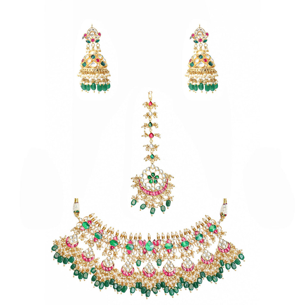 Royal Kundan Bridal Choker Set, Emerald Green Pink Meenakari Jhumka Earrings Maang Tikka