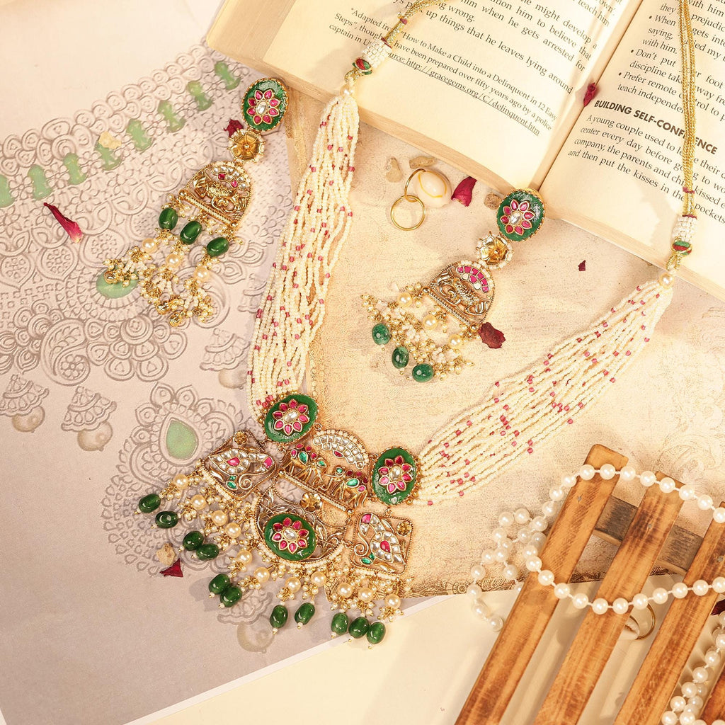 Traditional Kundan Meenakari Necklace Set: Multi-Strand Pearls, Green Enamel Choker Dangles