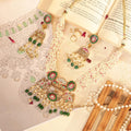 Traditional Kundan Meenakari Necklace Set: Multi-Strand Pearls, Green Enamel Choker Dangles