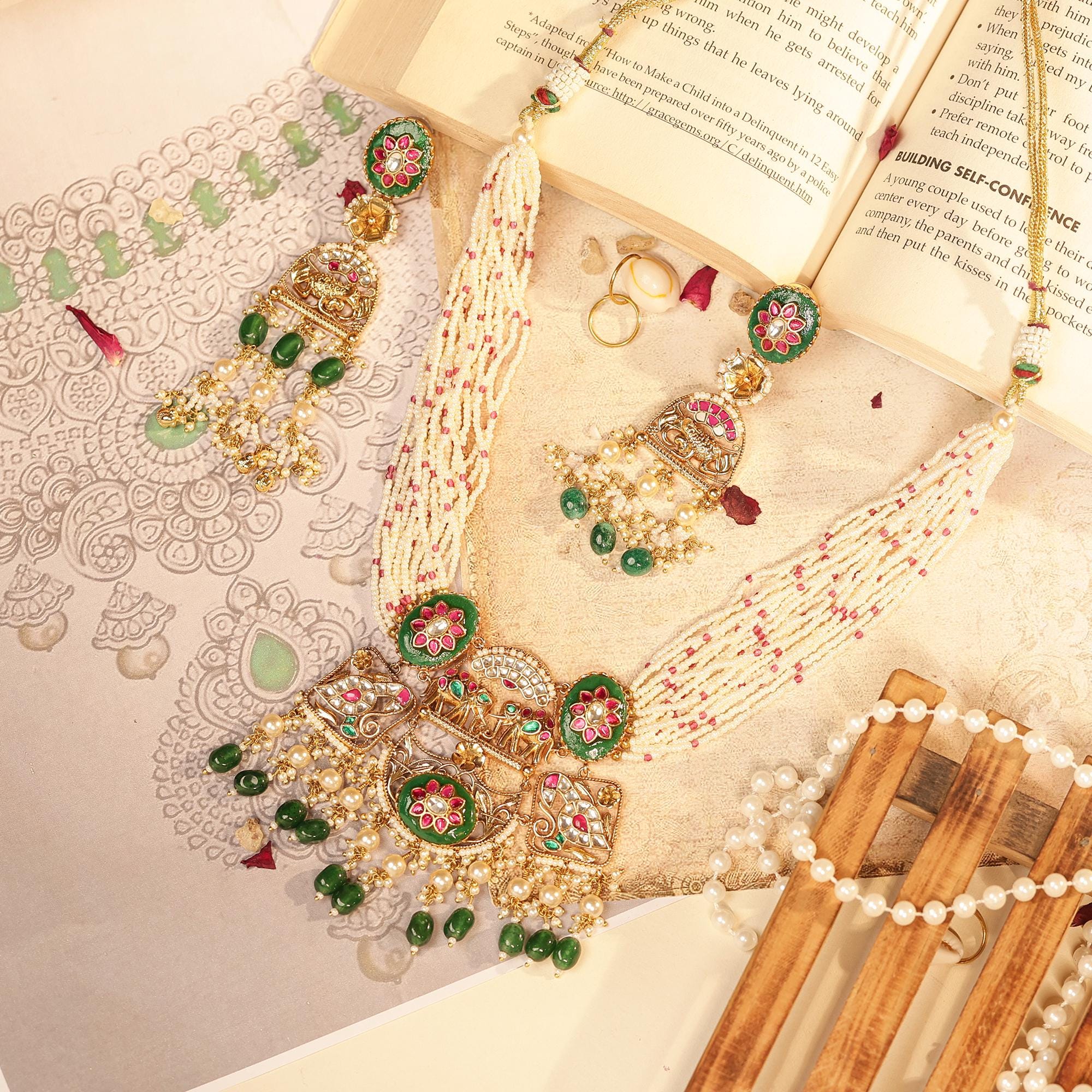 Traditional Kundan Meenakari Necklace Set: Multi-Strand Pearls, Green Enamel Choker Dangles