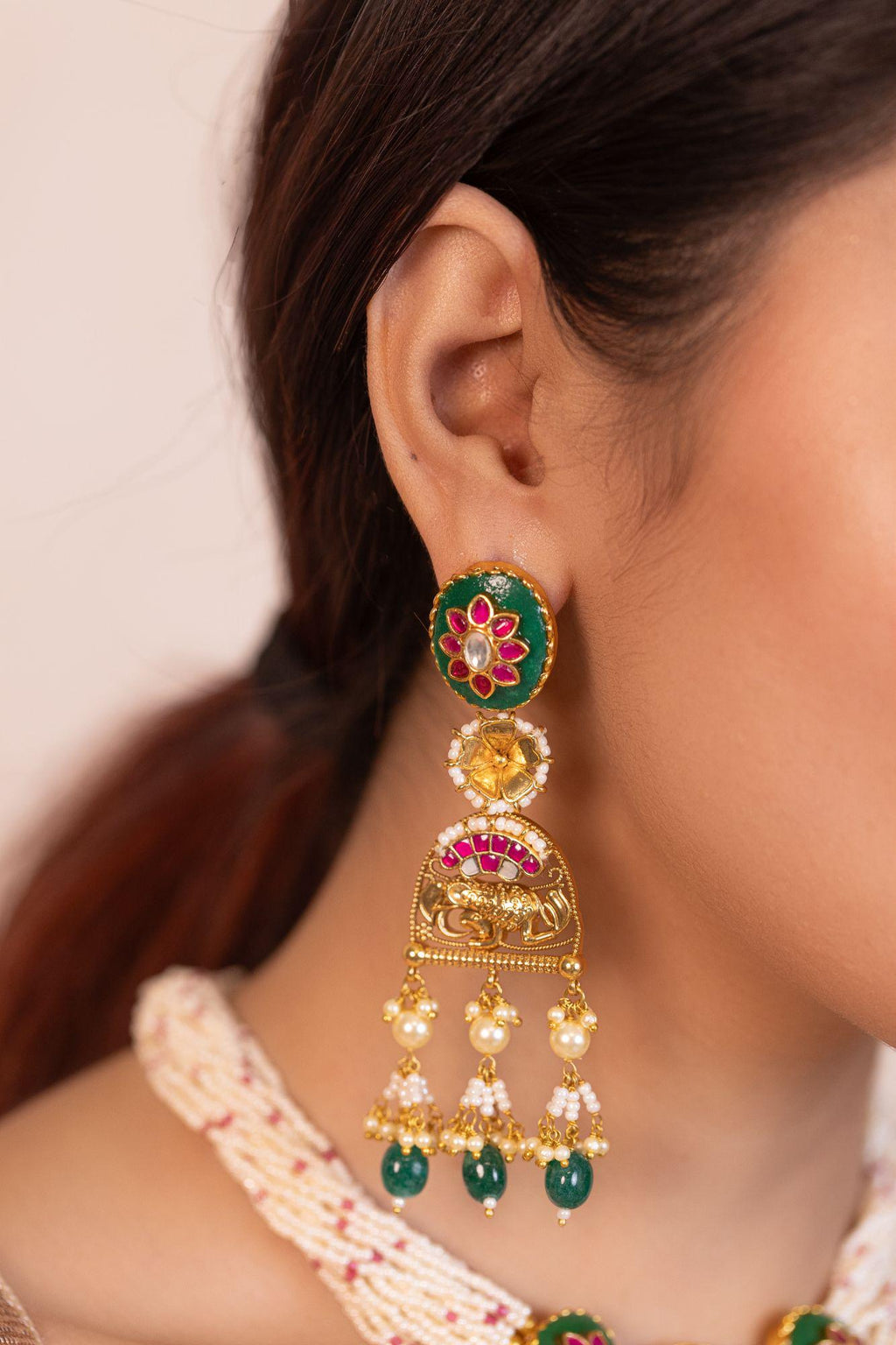 Traditional Kundan Meenakari Necklace Set: Multi-Strand Pearls, Green Enamel Choker Dangles