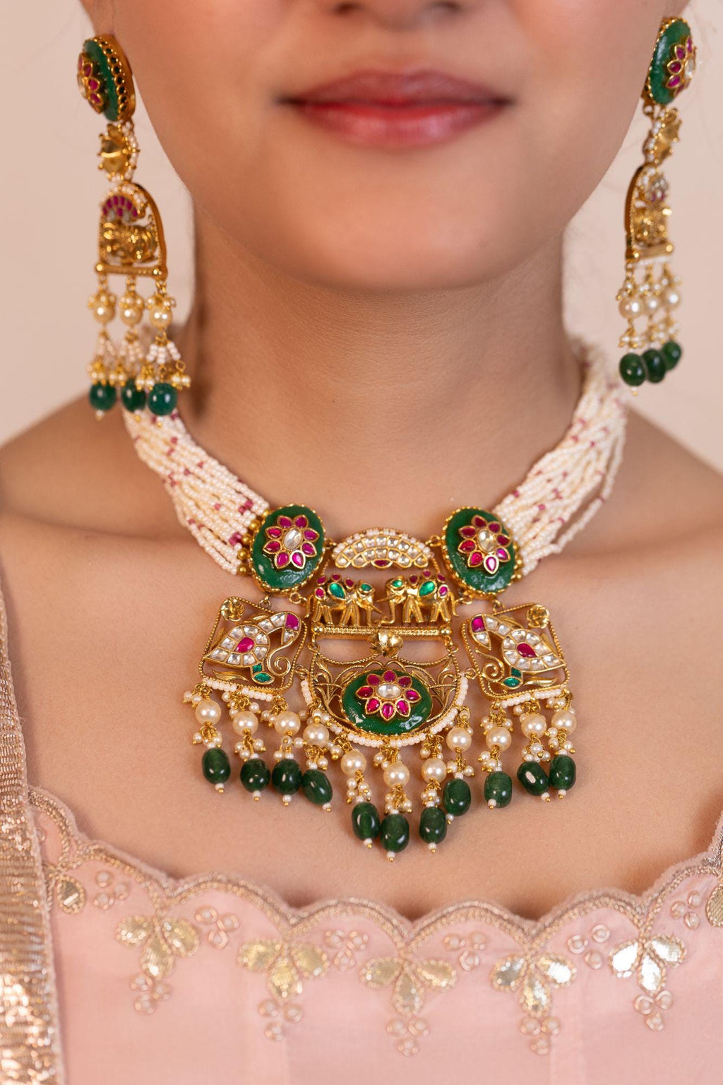 Traditional Kundan Meenakari Necklace Set: Multi-Strand Pearls, Green Enamel Choker Dangles