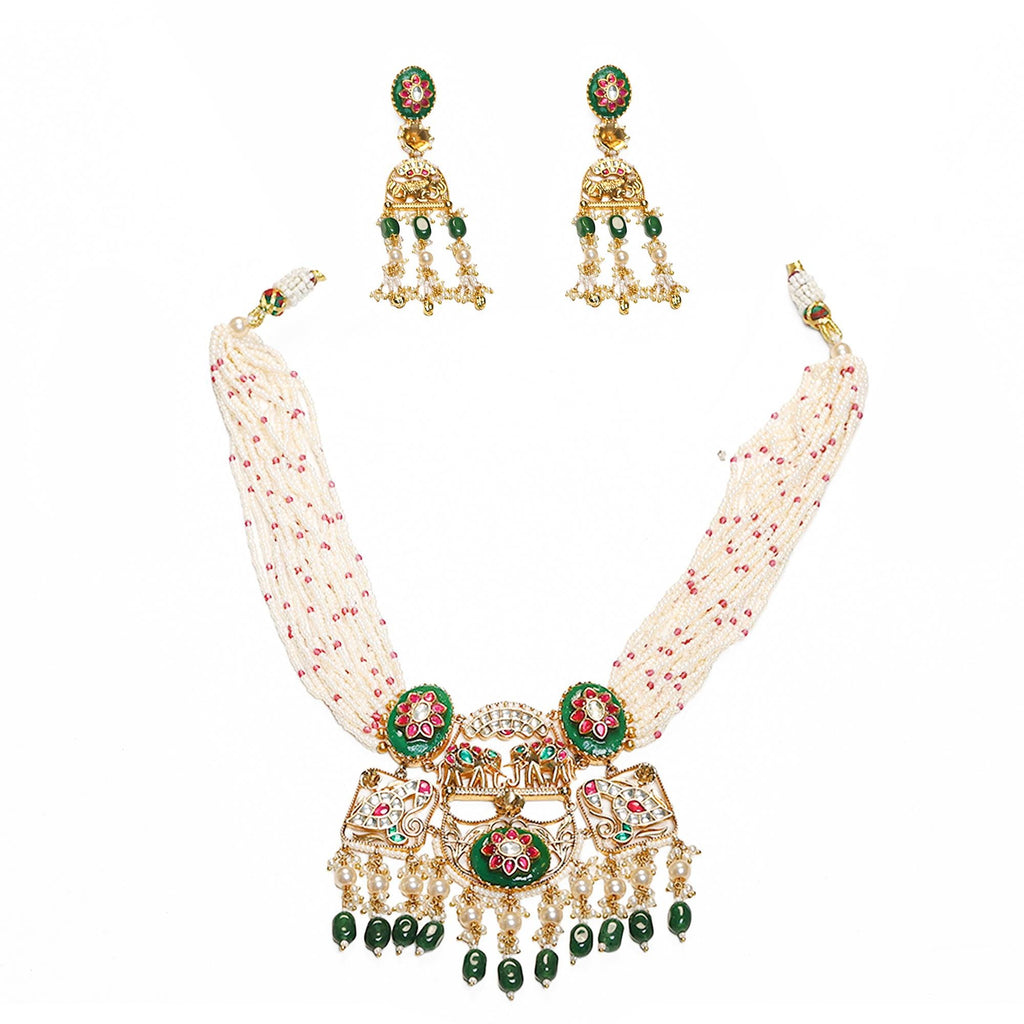 Traditional Kundan Meenakari Necklace Set: Multi-Strand Pearls, Green Enamel Choker Dangles