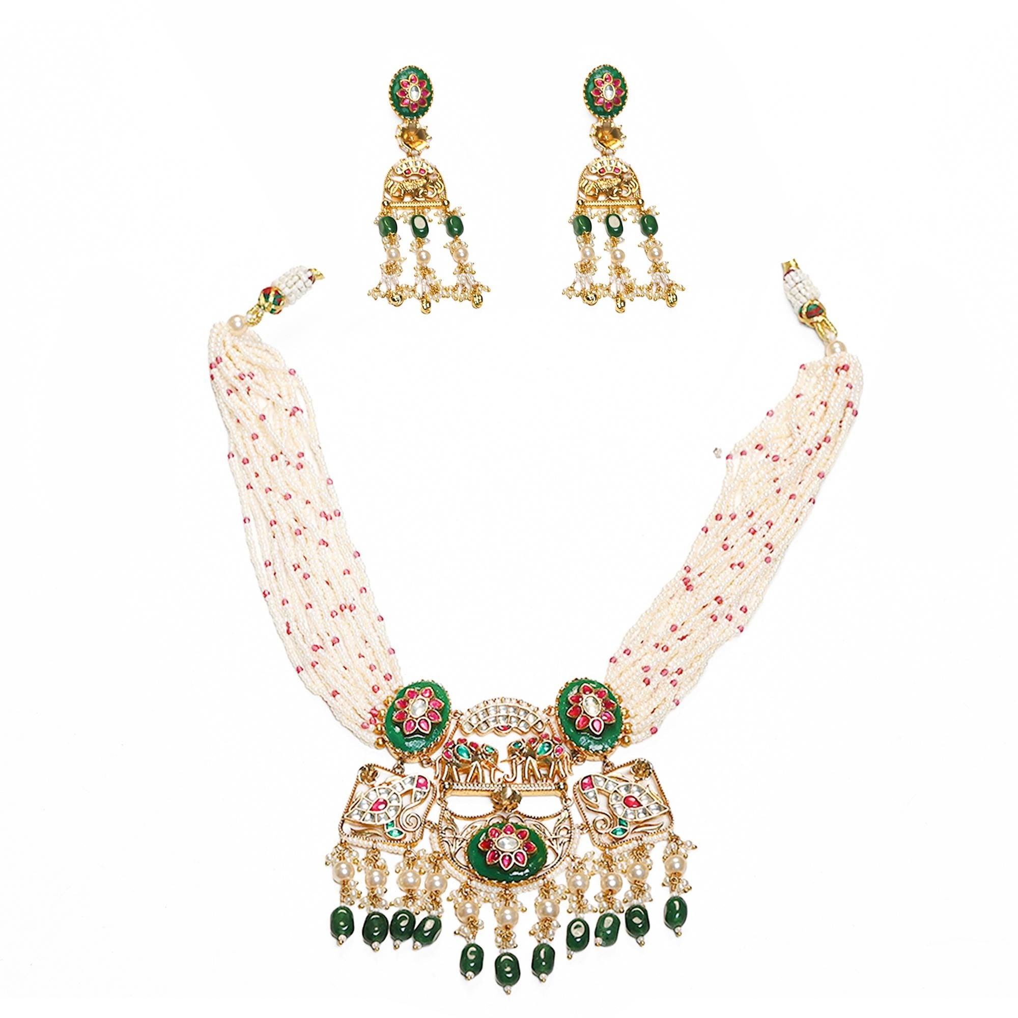 Traditional Kundan Meenakari Necklace Set: Multi-Strand Pearls, Green Enamel Choker Dangles