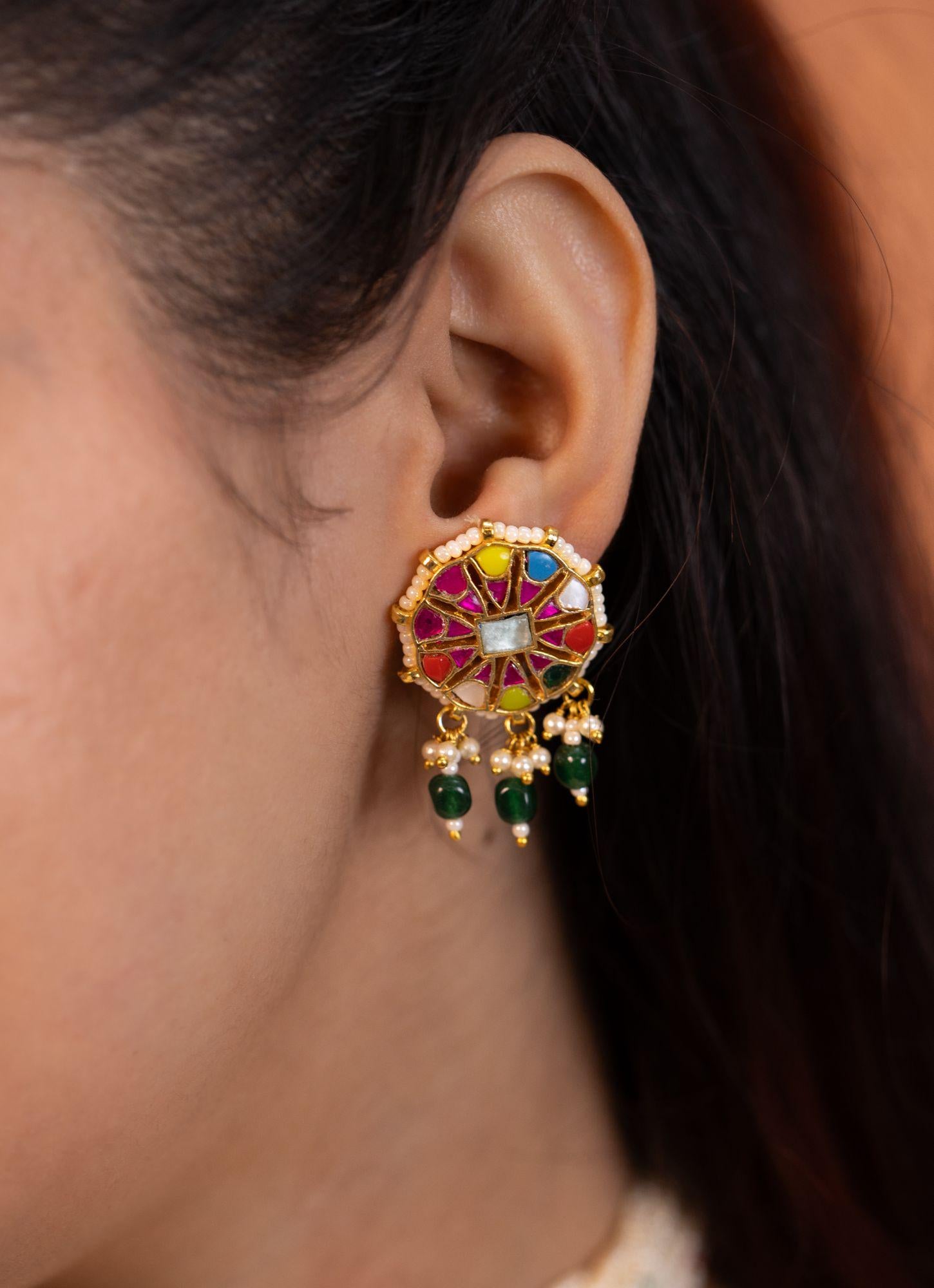 Traditional Indian Meenakari Choker Set | Kundan Pearl Necklace, Studs | Rajasthani Festive Jewelry