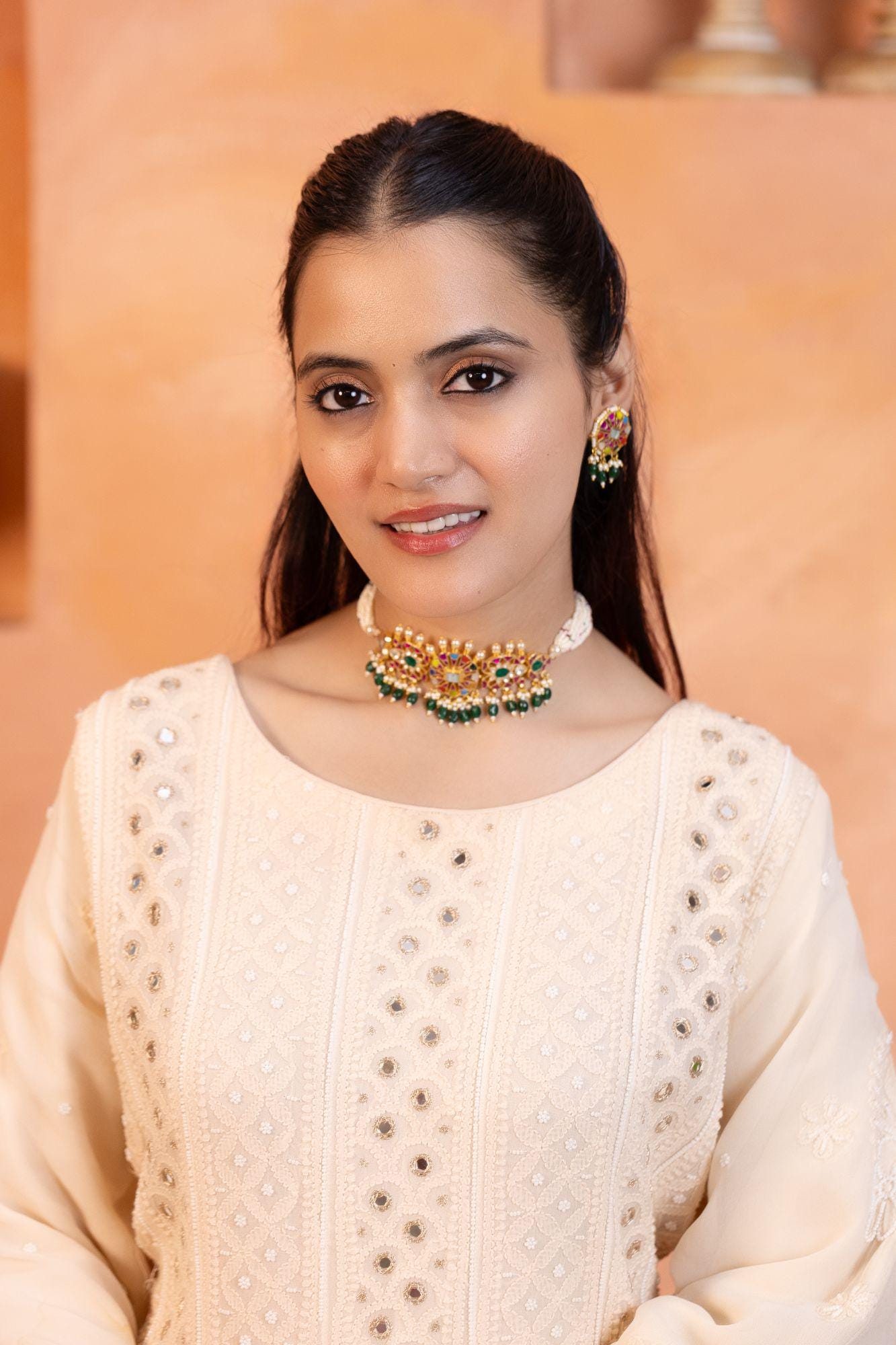 Traditional Indian Meenakari Choker Set | Kundan Pearl Necklace, Studs | Rajasthani Festive Jewelry