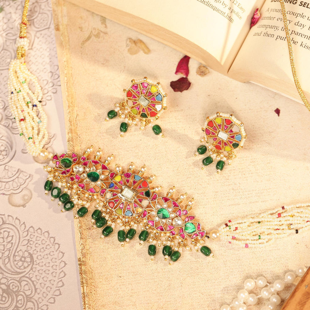 Traditional Indian Meenakari Choker Set | Kundan Pearl Necklace, Studs | Rajasthani Festive Jewelry