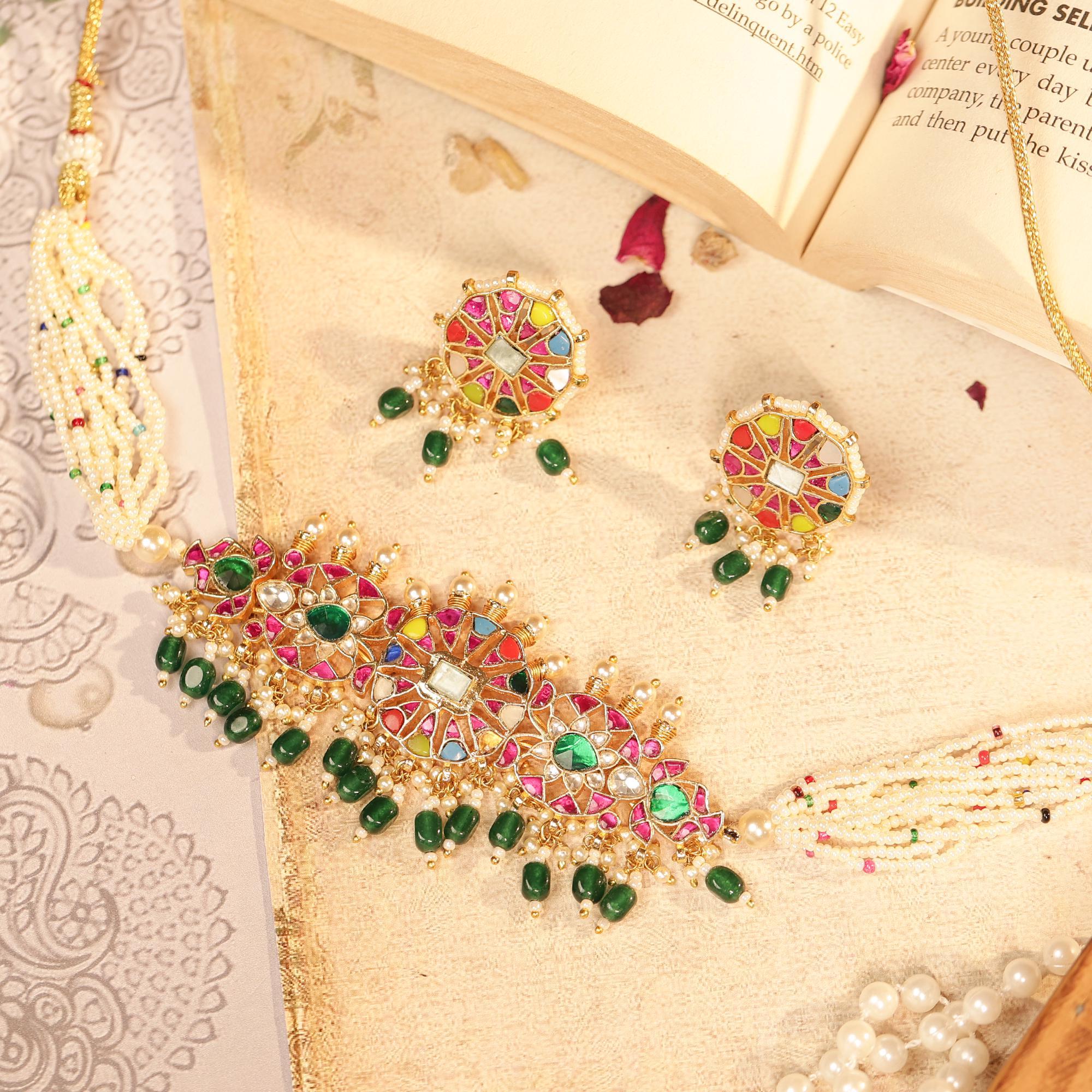 Traditional Indian Meenakari Choker Set | Kundan Pearl Necklace, Studs | Rajasthani Festive Jewelry