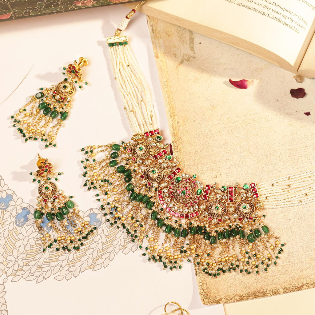 Traditional Kundan Choker Set | Red Green Jadau Bib Necklace, Pearl Indian Jewelry