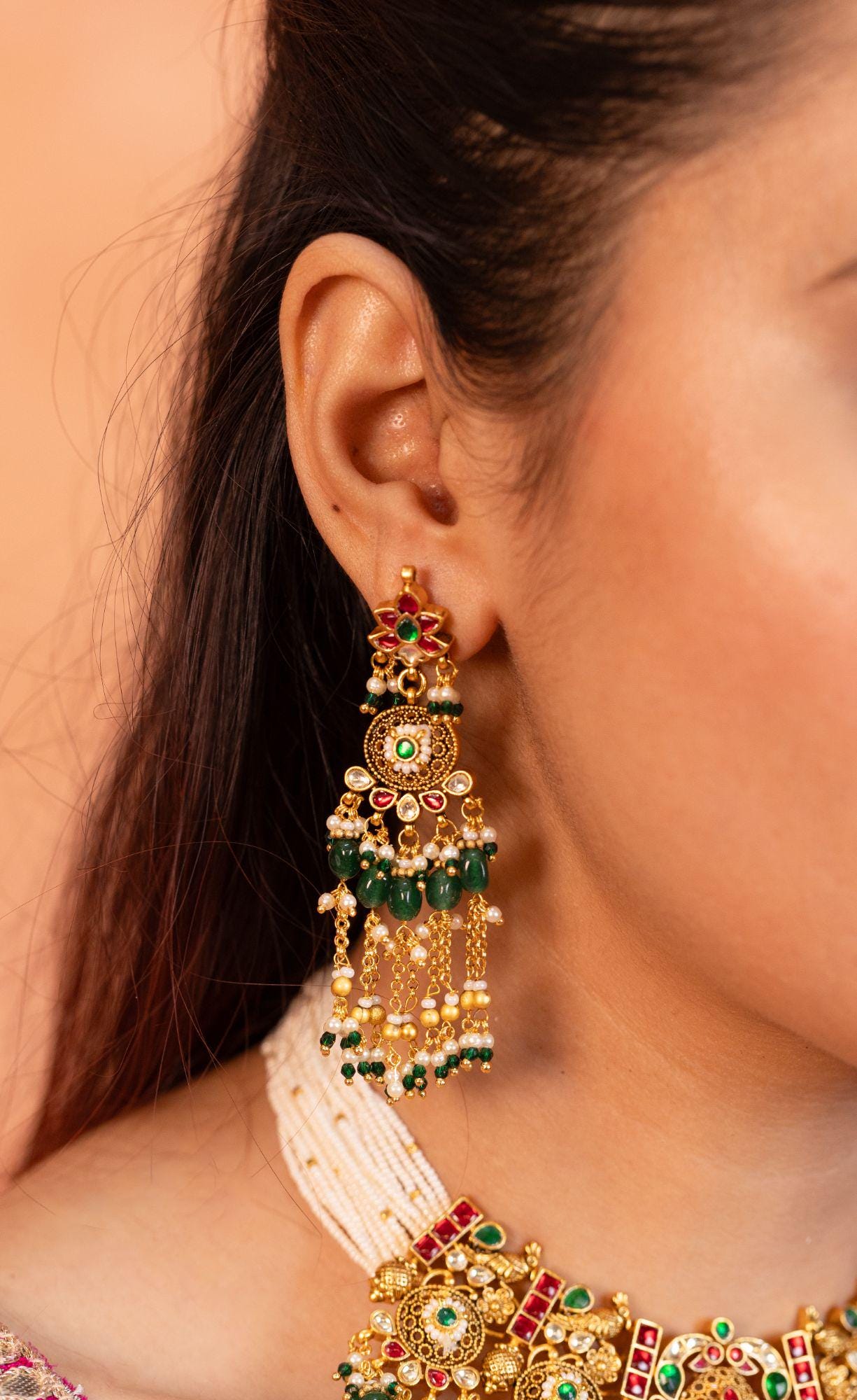 Traditional Kundan Choker Set | Red Green Jadau Bib Necklace, Pearl Indian Jewelry