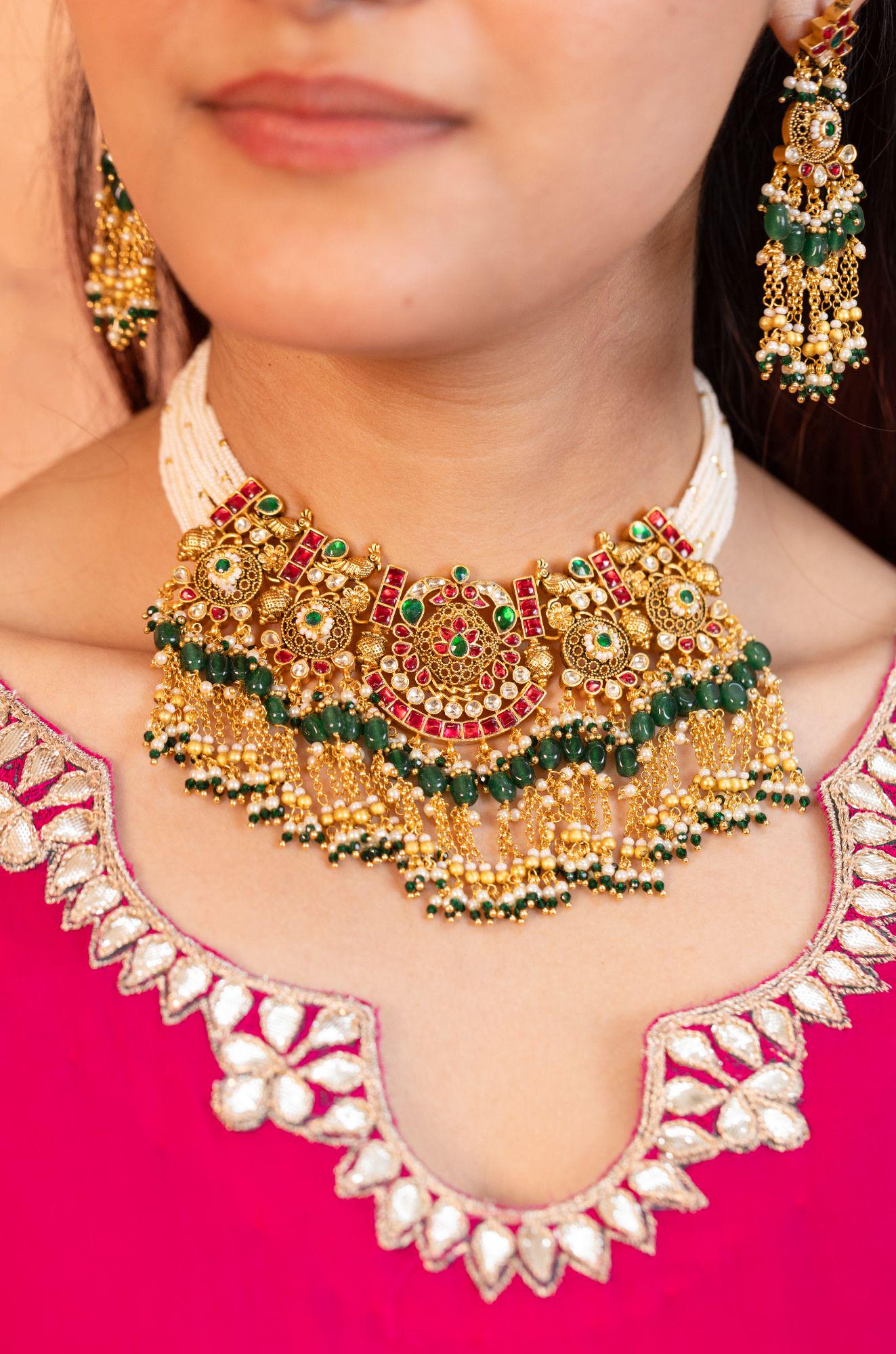 Traditional Kundan Choker Set | Red Green Jadau Bib Necklace, Pearl Indian Jewelry