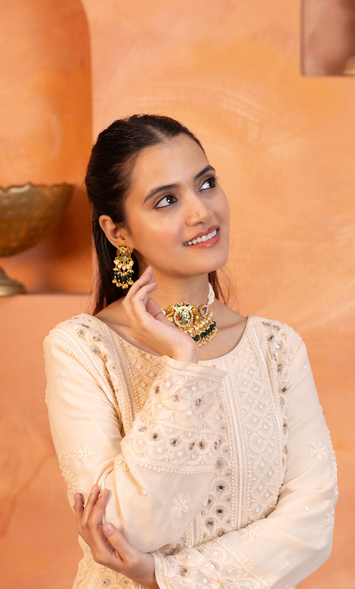 Antique Gold Kundan Choker Necklace Set | Mint Green Tumbled Beads, Pearls
