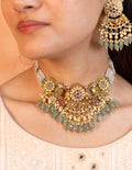 Antique Gold Kundan Choker Necklace Set | Mint Green Tumbled Beads, Pearls