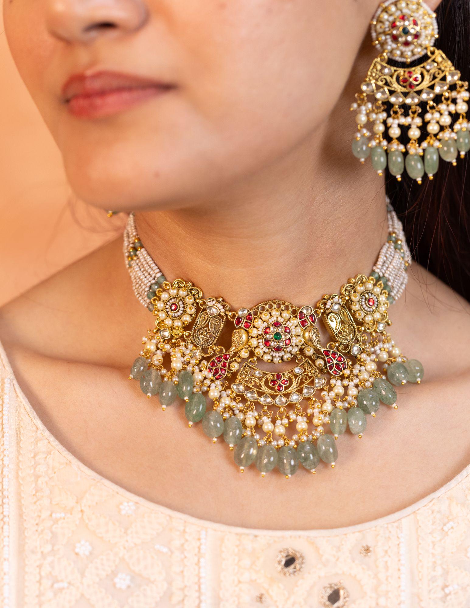 Antique Gold Kundan Choker Necklace Set | Mint Green Tumbled Beads, Pearls