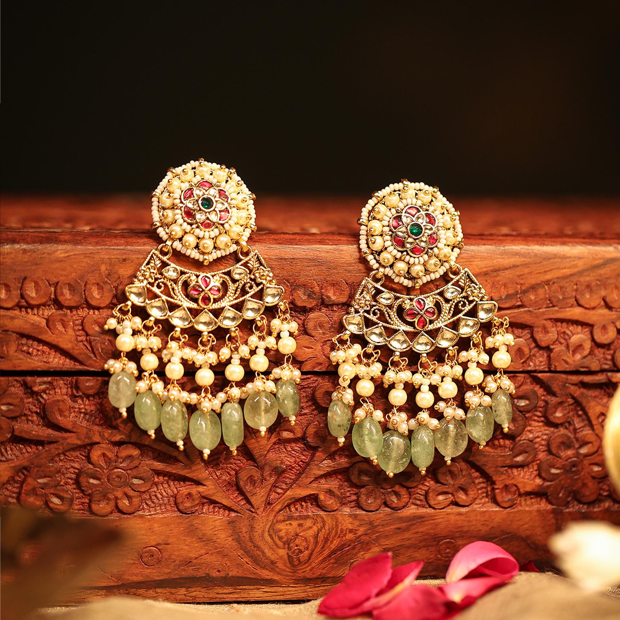 Antique Gold Kundan Choker Necklace Set | Mint Green Tumbled Beads, Pearls