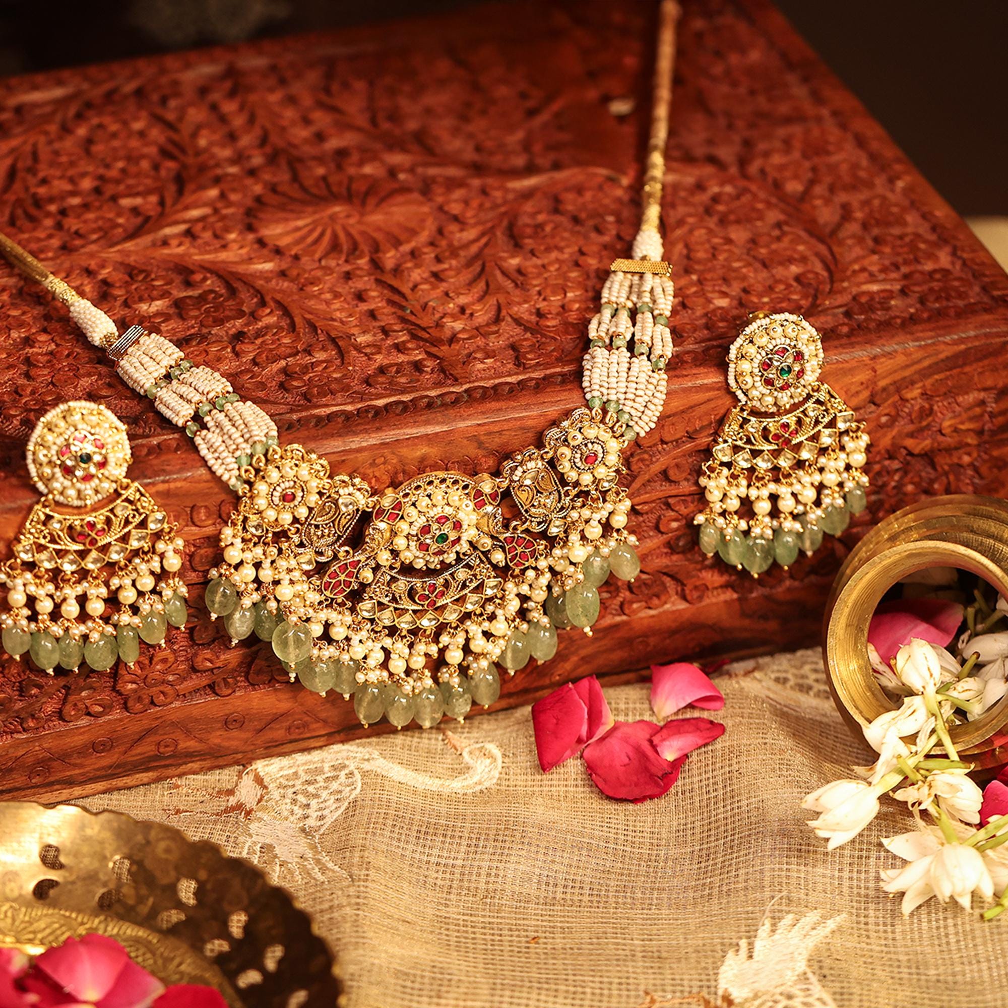 Antique Gold Kundan Choker Necklace Set | Mint Green Tumbled Beads, Pearls