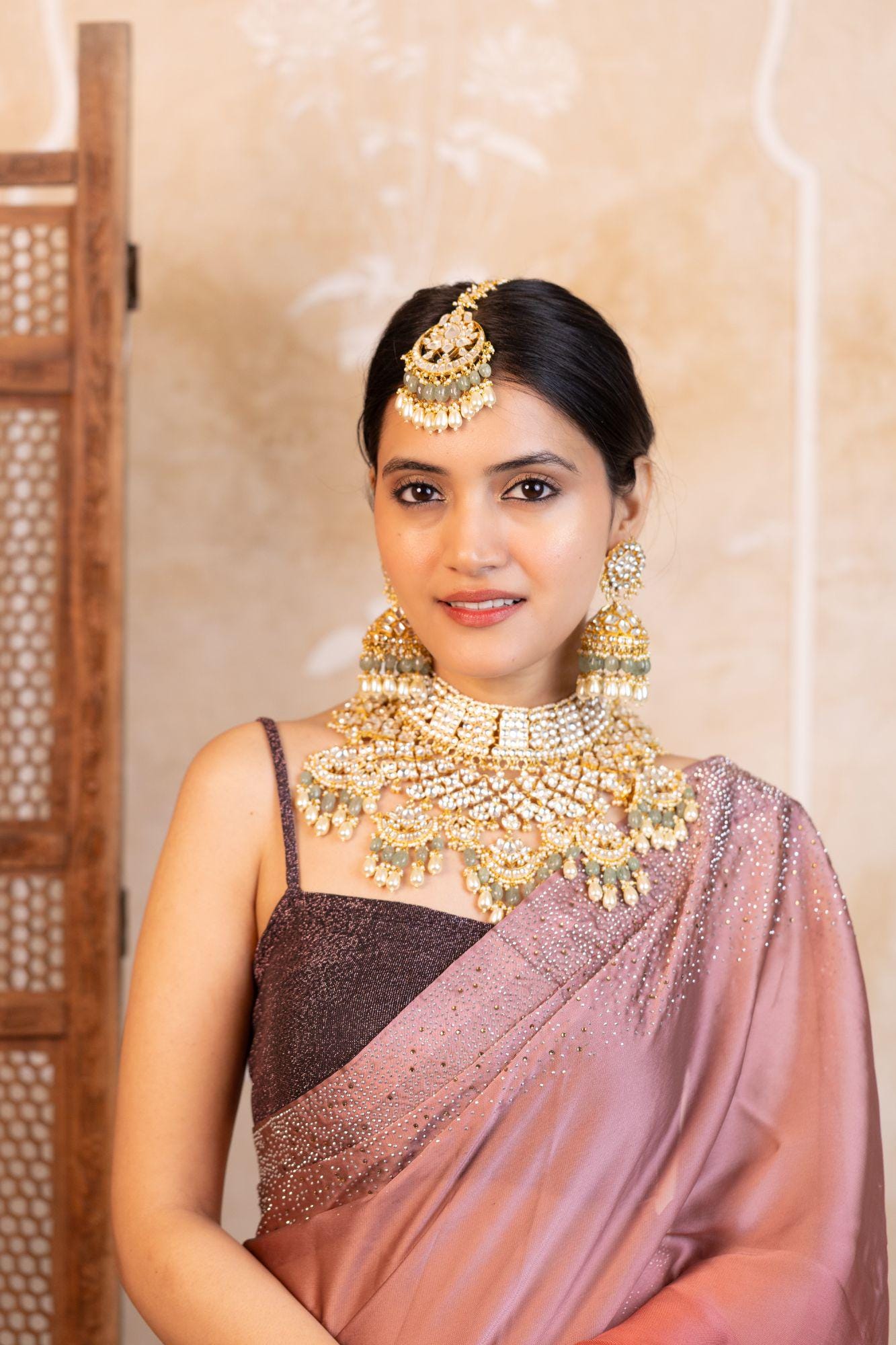 Kundan Bridal Necklace Set with Maang Tikka | Pastel Mint Green Glass Bead Indian Jewelry
