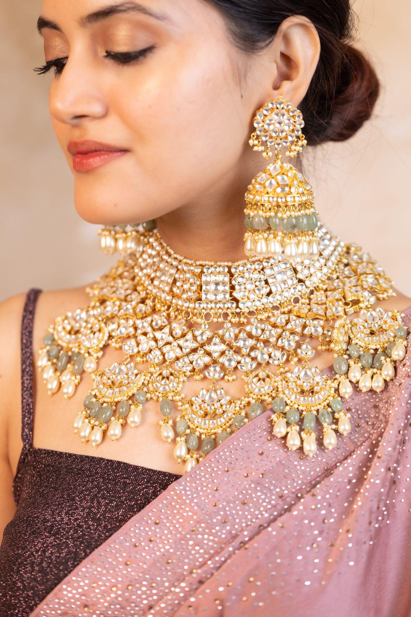 Kundan Bridal Necklace Set with Maang Tikka | Pastel Mint Green Glass Bead Indian Jewelry
