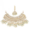 Kundan Bridal Necklace Set with Maang Tikka | Pastel Mint Green Glass Bead Indian Jewelry