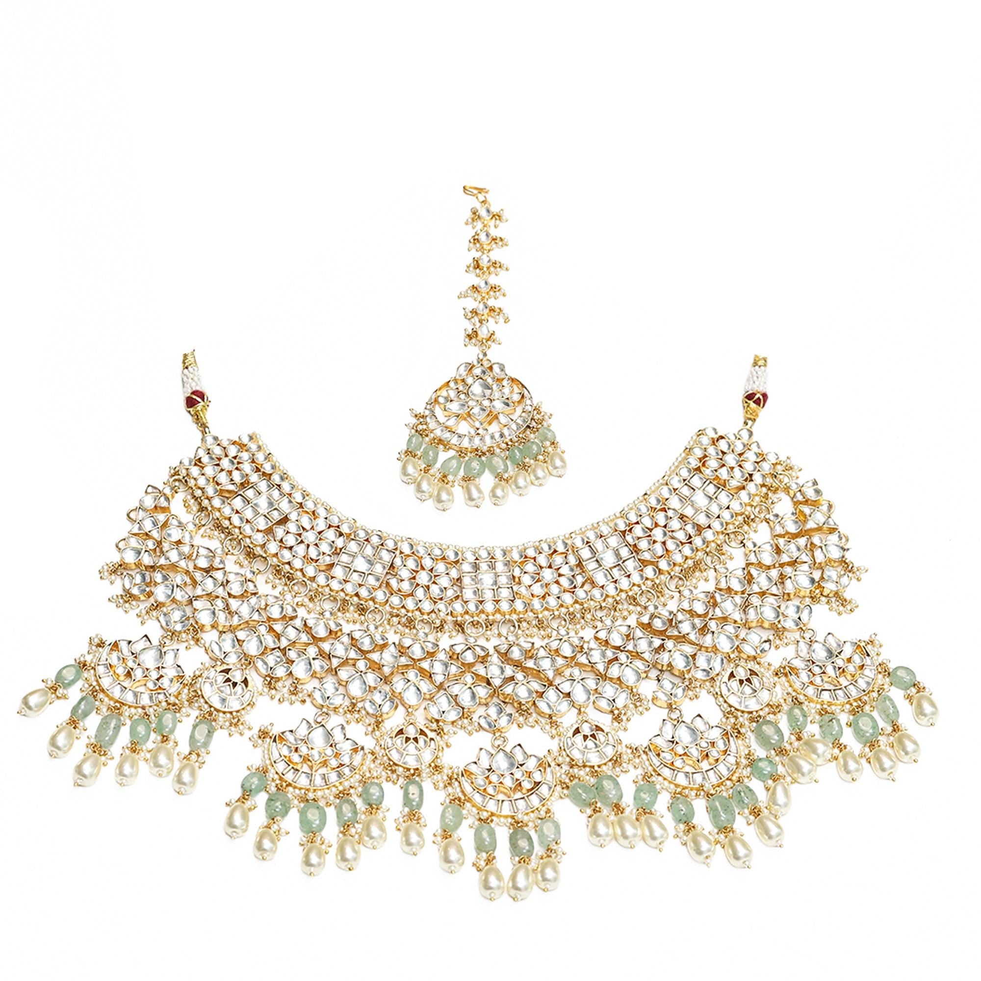 Kundan Bridal Necklace Set with Maang Tikka | Pastel Mint Green Glass Bead Indian Jewelry