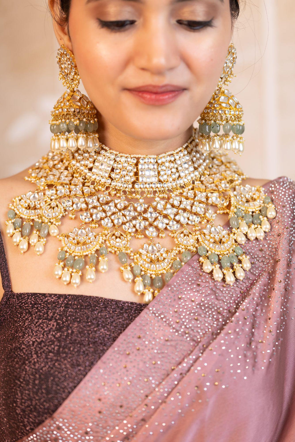 Kundan Bridal Necklace Set with Maang Tikka | Pastel Mint Green Glass Bead Indian Jewelry