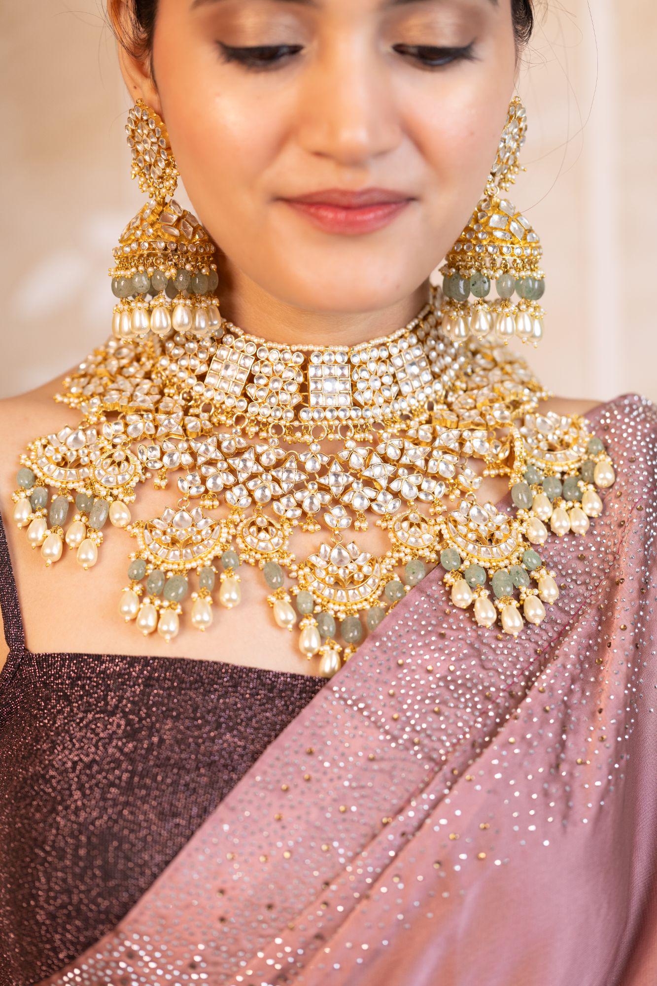 Kundan Bridal Necklace Set with Maang Tikka | Pastel Mint Green Glass Bead Indian Jewelry