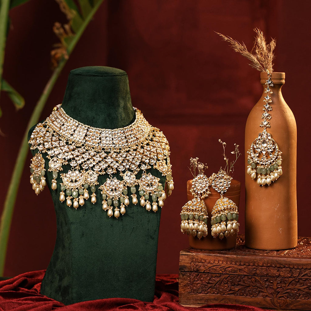 Kundan Bridal Necklace Set with Maang Tikka | Pastel Mint Green Glass Bead Indian Jewelry