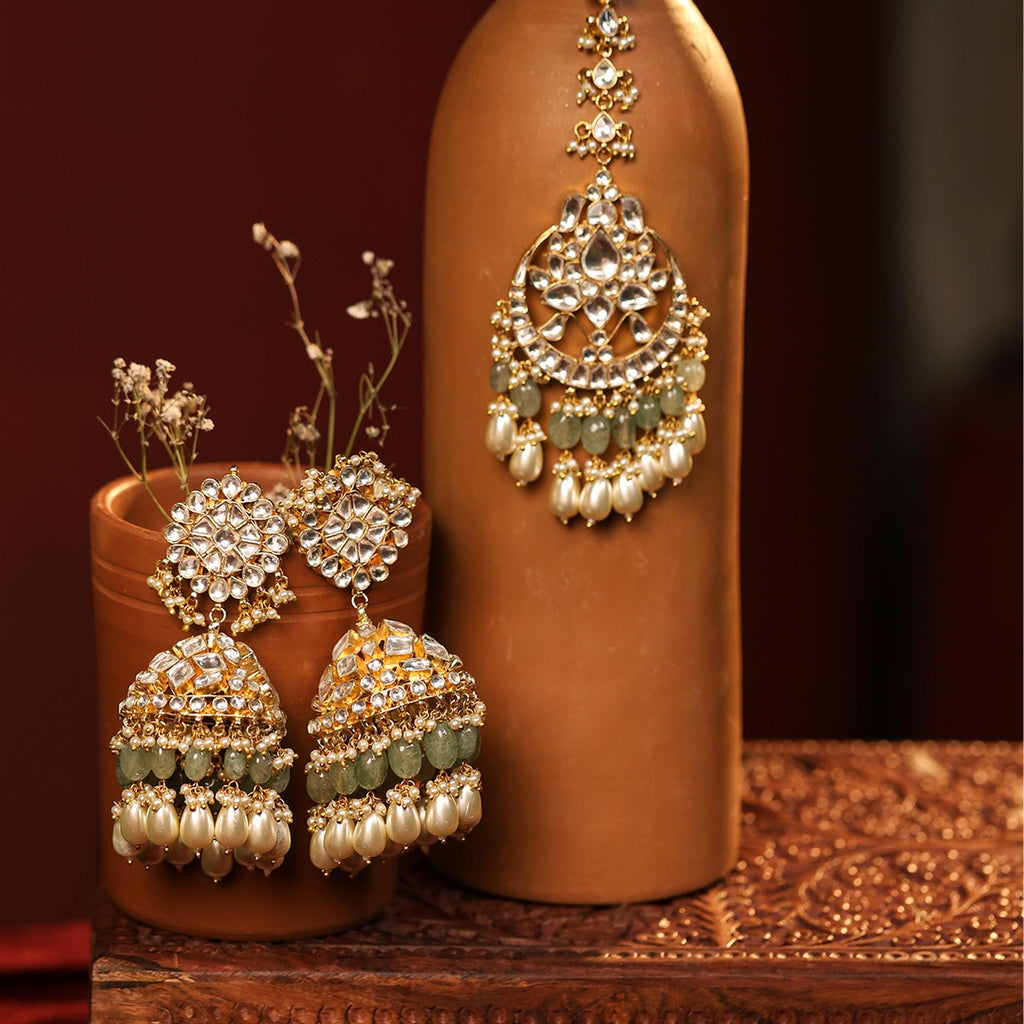 Kundan Bridal Necklace Set with Maang Tikka | Pastel Mint Green Glass Bead Indian Jewelry