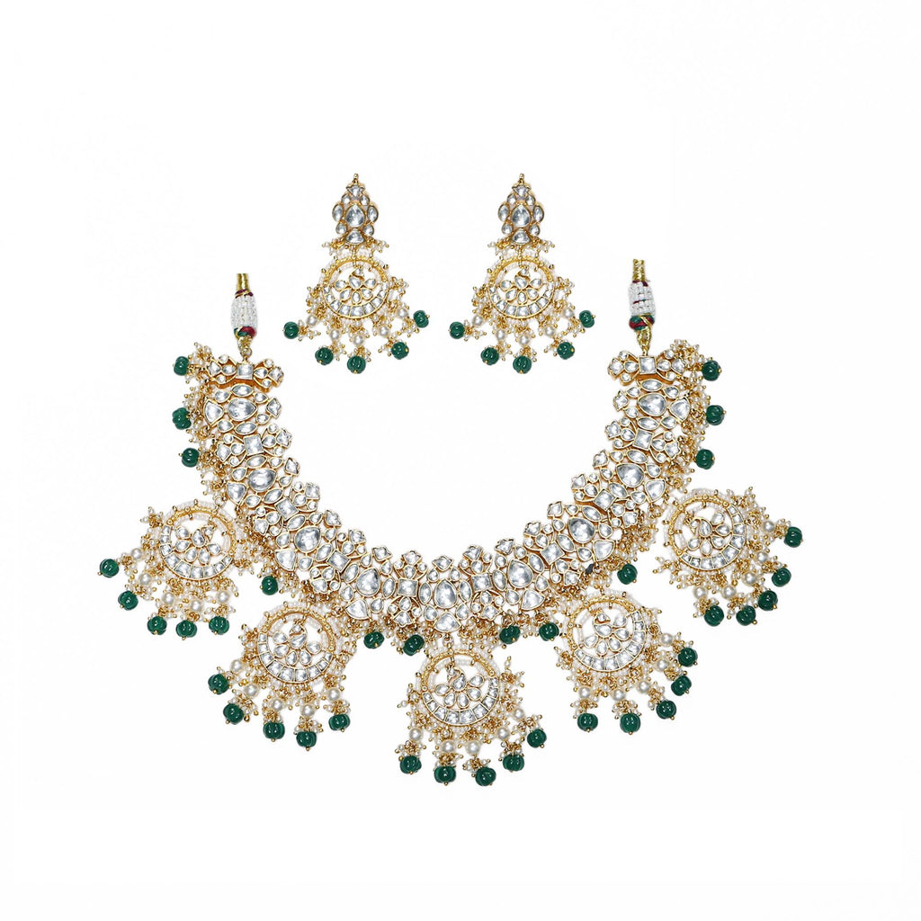 Kundan Choker Necklace Set with Chandbali Fringe | Emerald Green Bridal Jewelry
