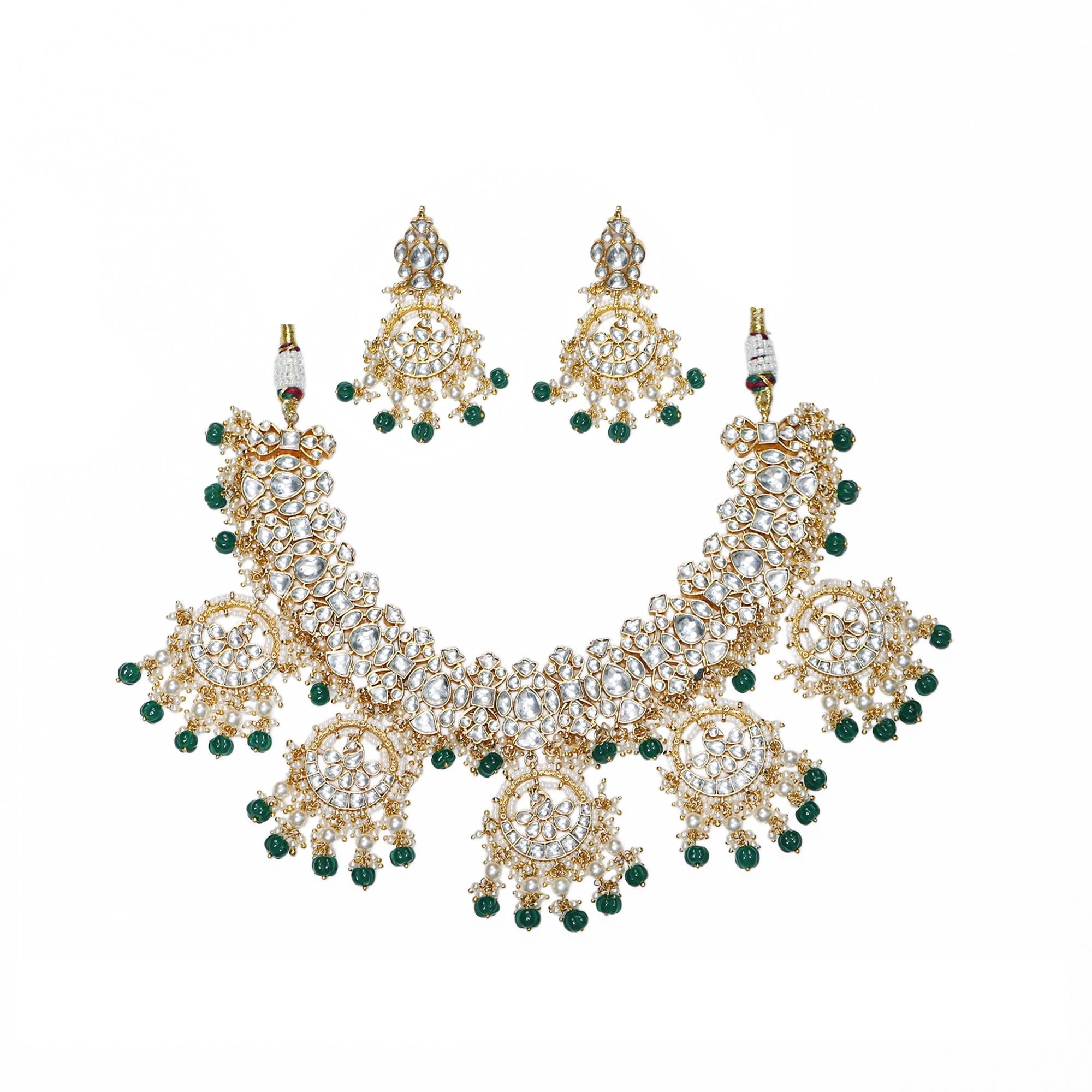 Kundan Choker Necklace Set with Chandbali Fringe | Emerald Green Bridal Jewelry