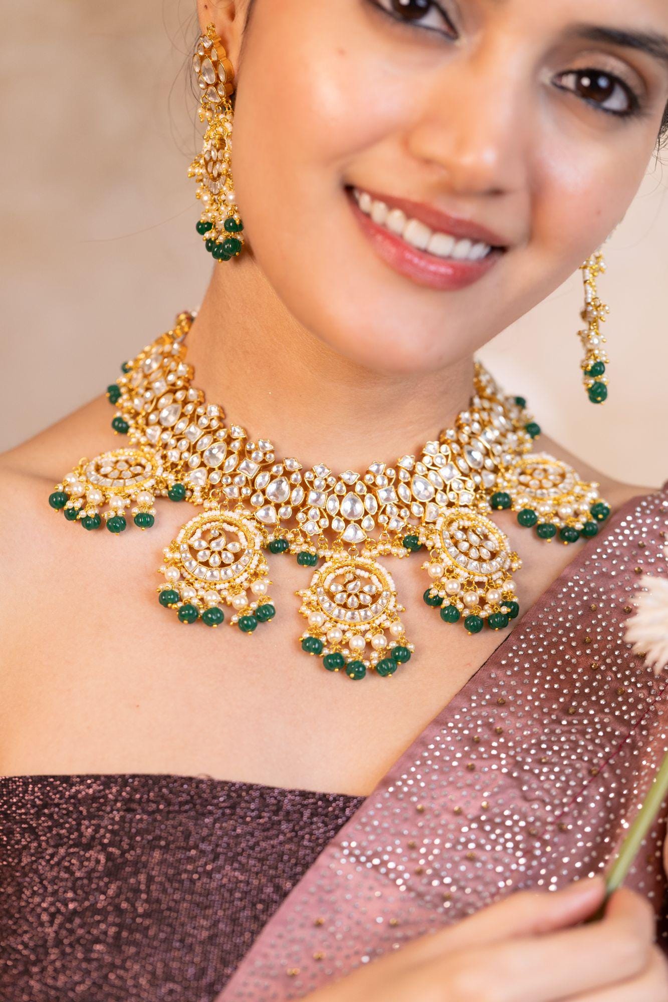 Kundan Choker Necklace Set with Chandbali Fringe | Emerald Green Bridal Jewelry