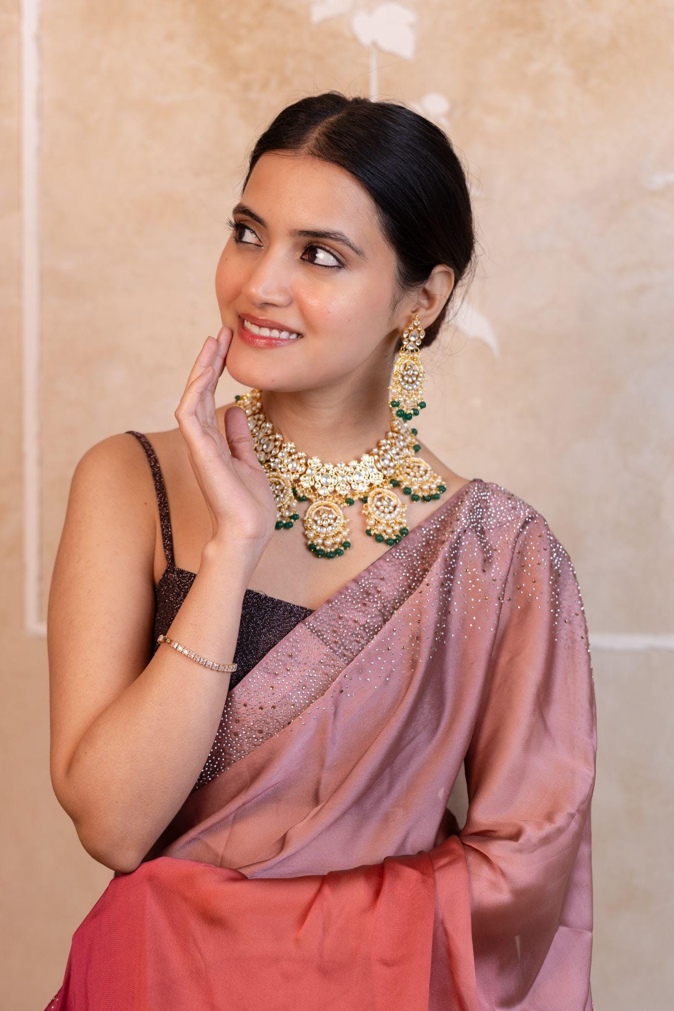 Kundan Choker Necklace Set with Chandbali Fringe | Emerald Green Bridal Jewelry
