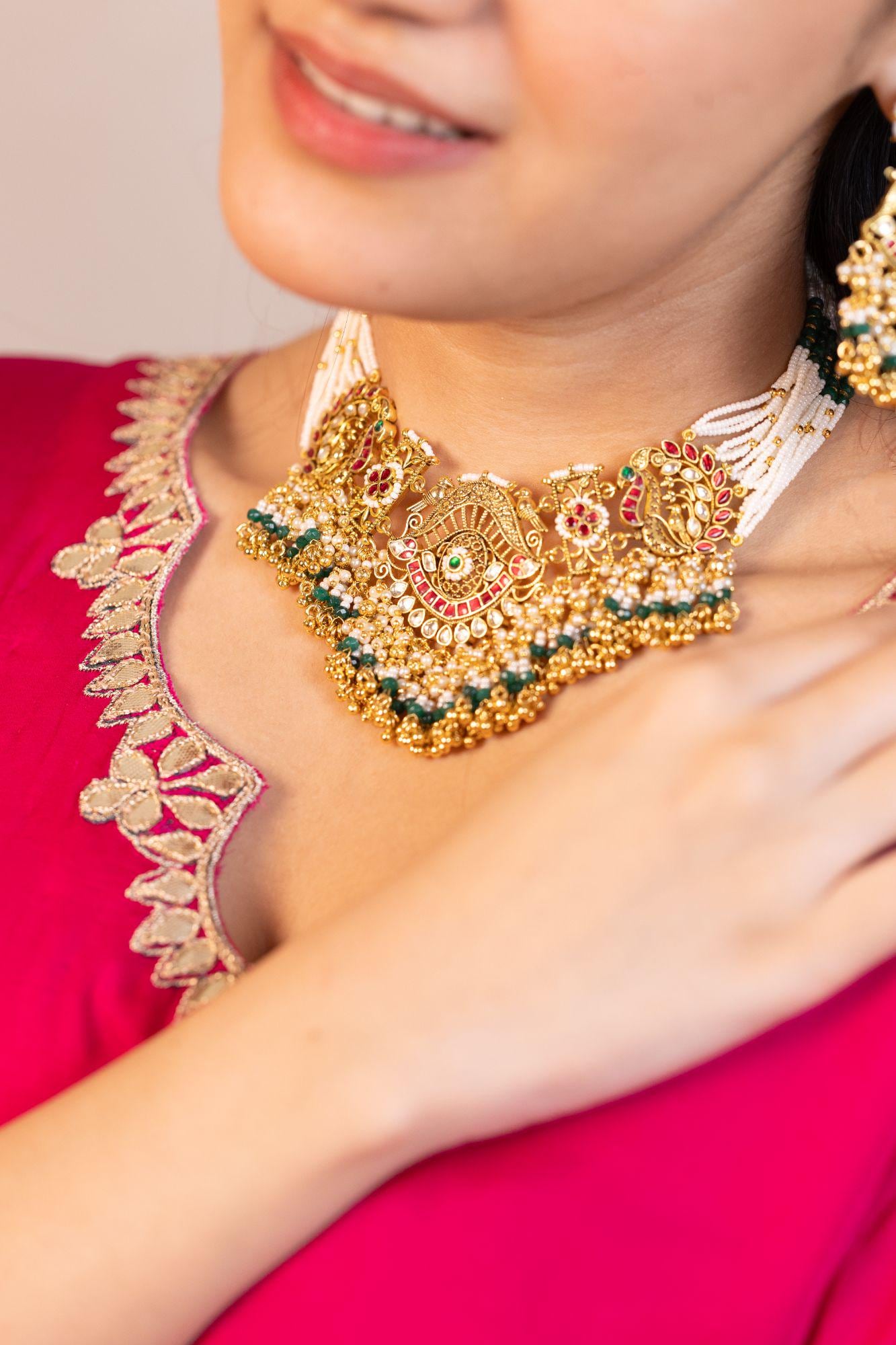 Antique Gold Peacock Choker Necklace Set with Pearls, Green Beads, Guttapusalu Bridal Jewelry