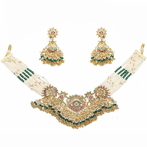 Juego de collar gargantilla de pavo real de oro antiguo con perlas, cuentas verdes, joyas nupciales Guttapusalu