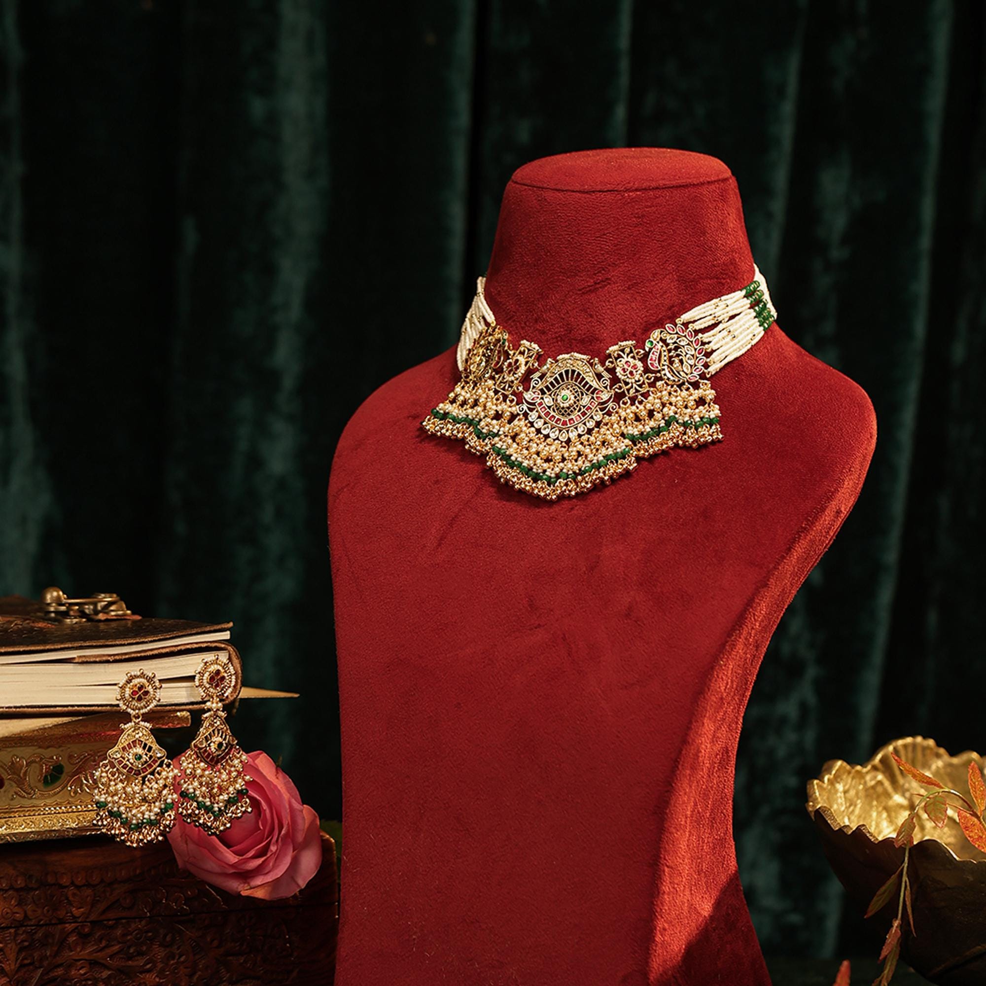 Antique Gold Peacock Choker Necklace Set with Pearls, Green Beads, Guttapusalu Bridal Jewelry
