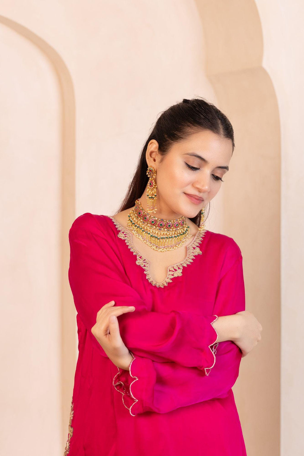 Indian Floral Choker Set | Pink Emerald Meenakari Chandelier Earrings | Royal Rajasthani Festive Jewelry