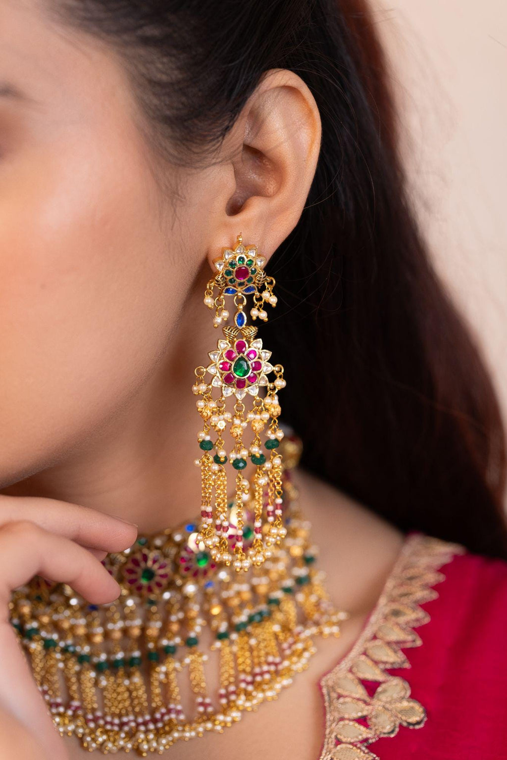 Indian Floral Choker Set | Pink Emerald Meenakari Chandelier Earrings | Royal Rajasthani Festive Jewelry