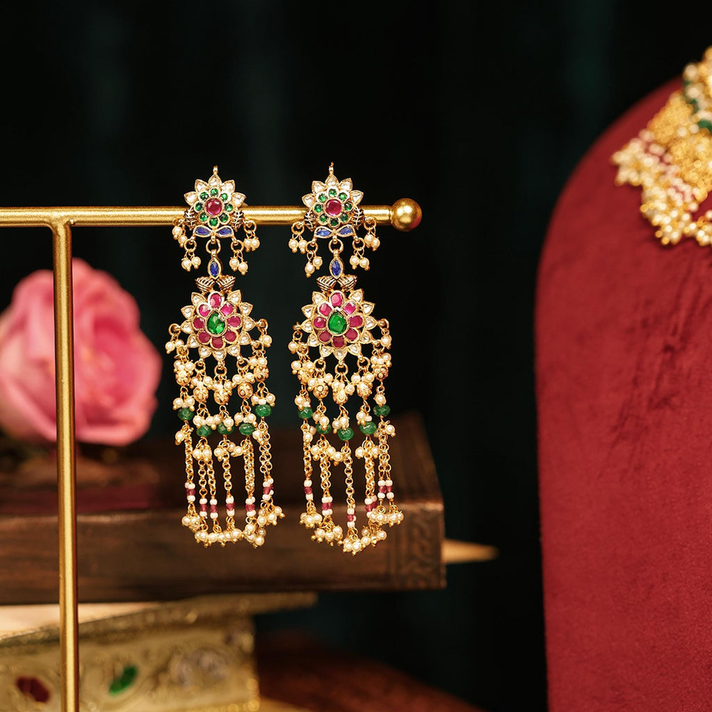 Indian Floral Choker Set | Pink Emerald Meenakari Chandelier Earrings | Royal Rajasthani Festive Jewelry