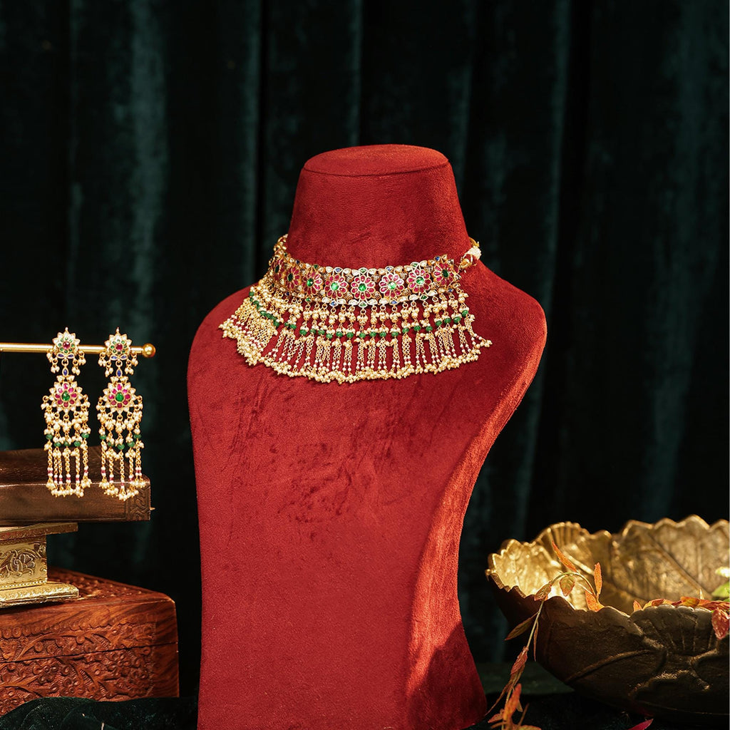 Indian Floral Choker Set | Pink Emerald Meenakari Chandelier Earrings | Royal Rajasthani Festive Jewelry