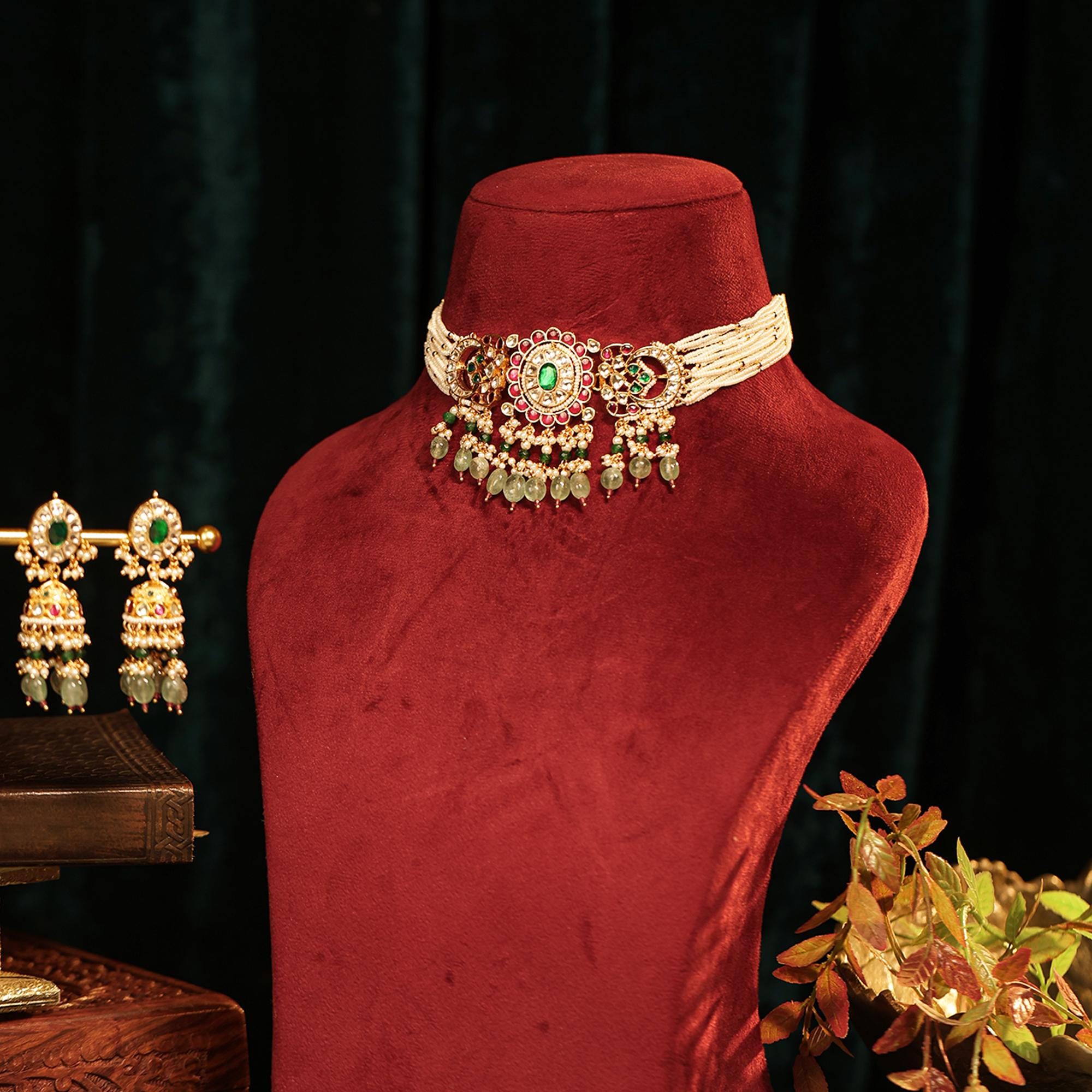 Royal Indian Pearl Choker Set | Floral Kundan Meenakari Centerpiece with Jhumkas
