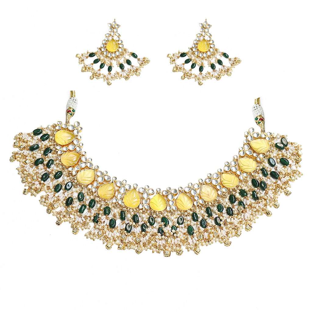 Yellow Leaf Kundan Choker Necklace Set | Green Pearl Festive Indian Jewelry